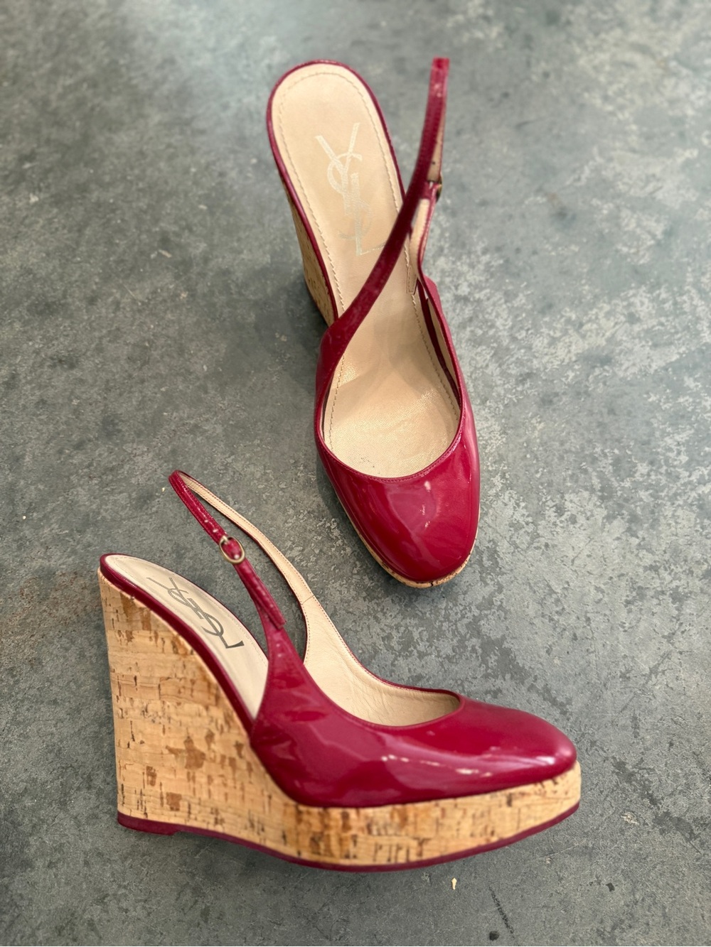 Yves Saint Laurent YSL Red Patent Cork Wedge Slingbacks Size 37